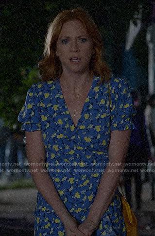 Julia's blue floral wrap dress on Almost Family