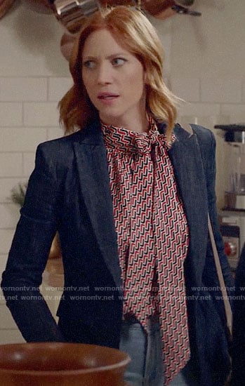 Julia’s geometric tie neck blouse and denim blazer on Almost Family