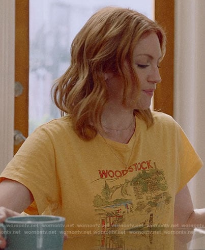 Julia's yellow Woodstock tee on Almost Family