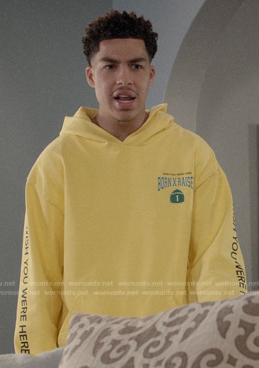 Junior's yellow Born x Raised hoodie on Black-ish