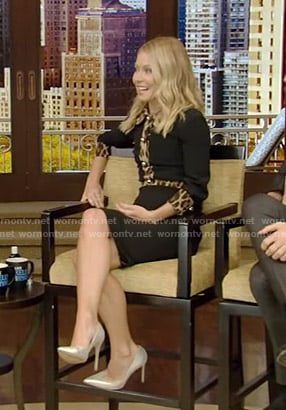 Kelly’s black dress with leopard trim on Live with Kelly and Ryan