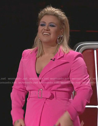 Kelly Clarkson's pink belted blazer dress on The Voice