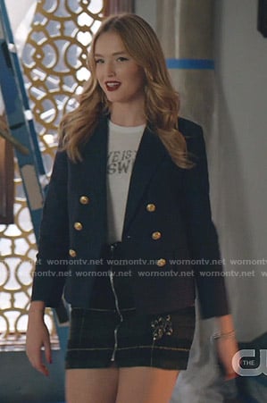 Kirby's navy blazer and plaid skirt on Dynasty