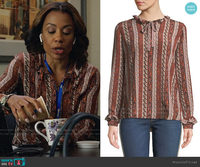 WornOnTV: Mia’s patterned stripe blouse on The Morning Show | Karen ...