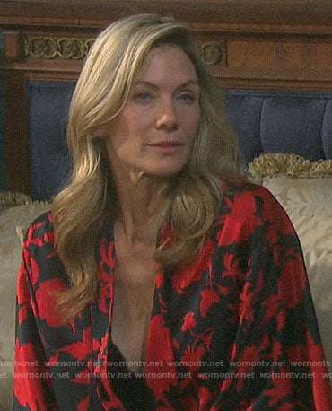 Kristen’s black and red floral robe on Days of our Lives