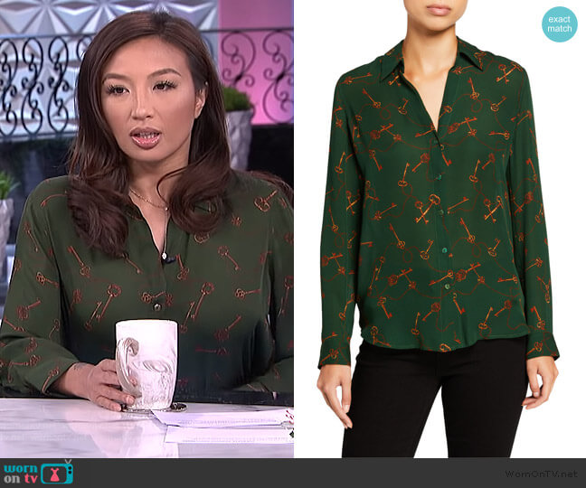 Nina Long-Sleeve Key-Print Blouse by L'Agence worn by Jeannie Mai on The Real