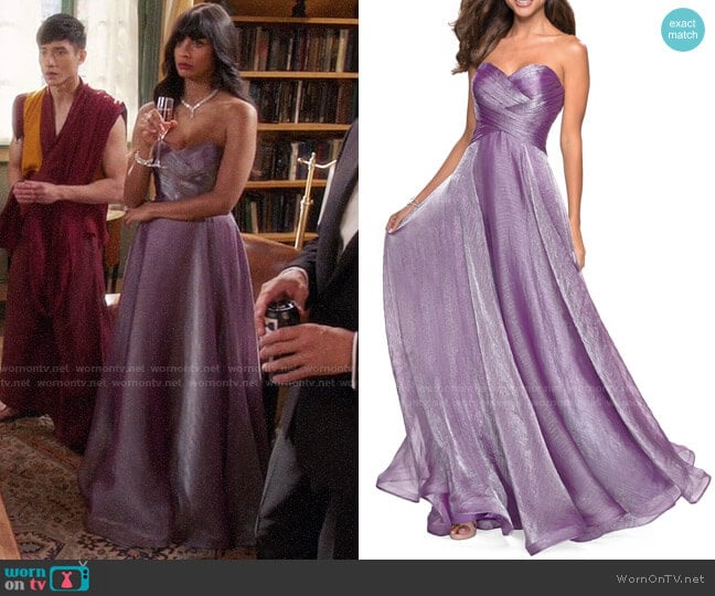 La Femme Strapless Metallic Chiffon Gown with Ruched Bodice worn by Tahani Al-Jamil (Jameela Jamil) on The Good Place