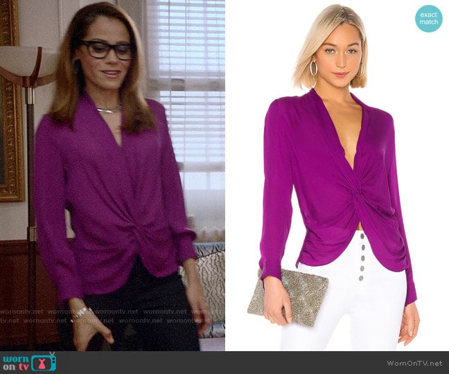 L'Agence Mariposa Blouse in Bright Plum worn by Amanda Doherty (Victoria Cartagena) on Almost Family