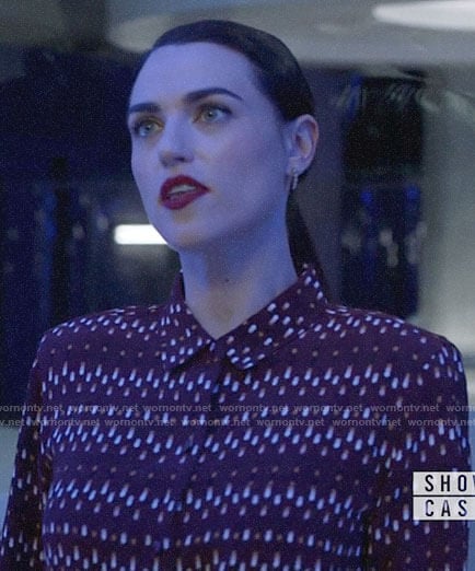 Lena’s burgundy printed button down blouse on Supergirl