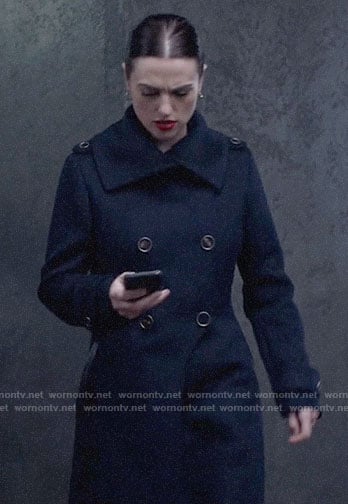 Lena’s navy double-breasted coat on Supergirl