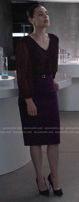 Lena’s petal print blouse and purple skirt on Supergirl