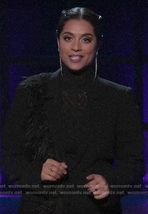 Lilly Singh's black feather detail blazer on A Little Late with Lilly Singh