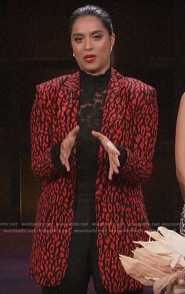 Lilly's red leopard print blazer on A Little Late with Lilly Singh