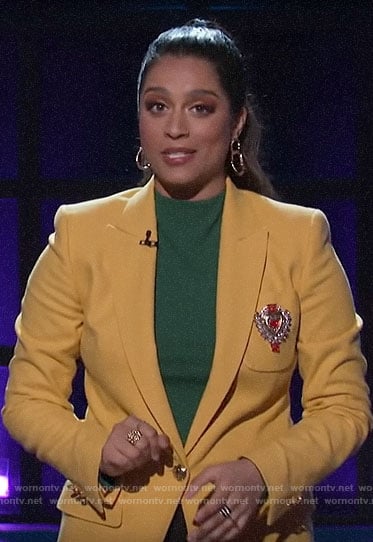 Lilly Singh’s yellow blazer with embellished pocket on A Little Late with Lilly Singh