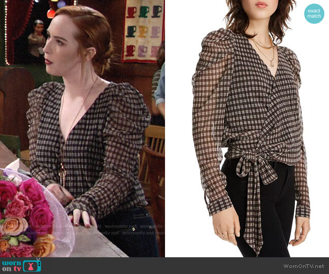 Lini Grace Puff-Sleeve Plaid Wrap Top worn by Mariah Copeland (Camryn Grimes) on The Young and the Restless