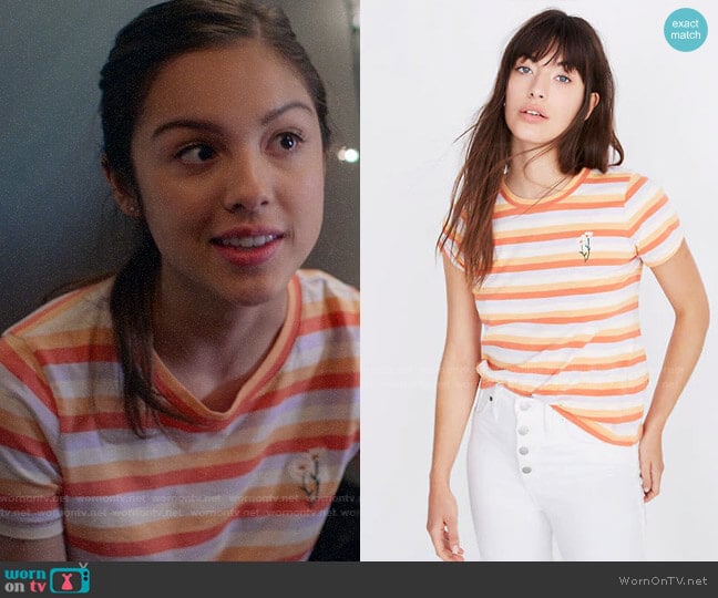 Madewell Daisy Embroidered Northside Vintage Tee in Broadway Stripe worn by Nini (Olivia Rodrigo) on High School Musical The Musical The Series