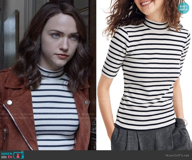 Madewell Sailor Stripe Ribbed Mock Neck Top worn by Cara Bloom (Violett Beane) on God Friended Me