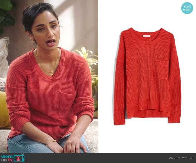 Mallory’s red ribbed sweater on Sunnyside