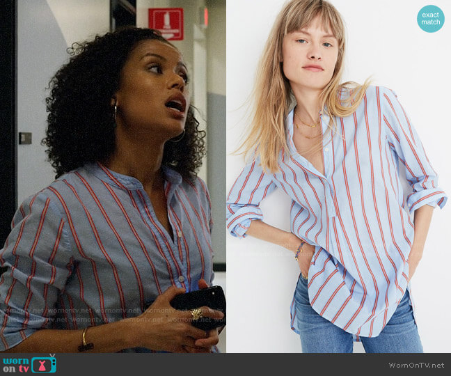 Madewell Wellspring Tunic Popover Shirt in Atwater Stripe worn by Hannah Shoenfeld (Gugu Mbatha-Raw) on The Morning Show