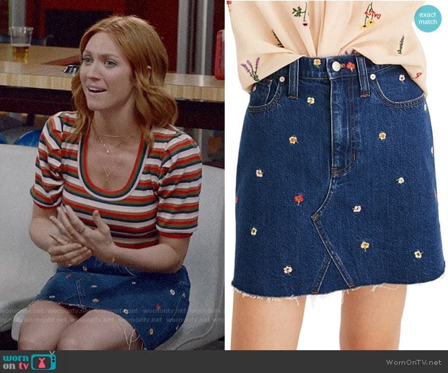 Madewell Confetti Floral Denim Miniskirt worn by Julia Bechley (Brittany Snow) on Almost Family