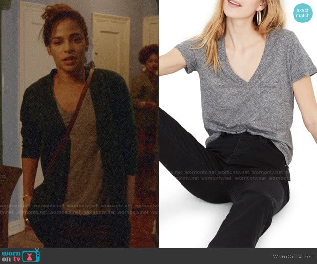 Madewell Whisper Cotton V-Neck Pocket Tee in Heather Mercury worn by Edie Palmer (Megalyn Echikunwoke) on Almost Family