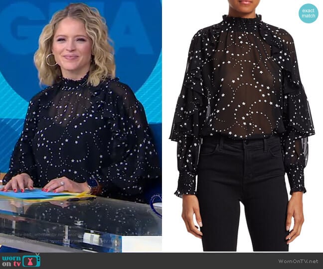 Letro Star Print Ruffle Blouse by Maje worn by Sara Haines on Good Morning America