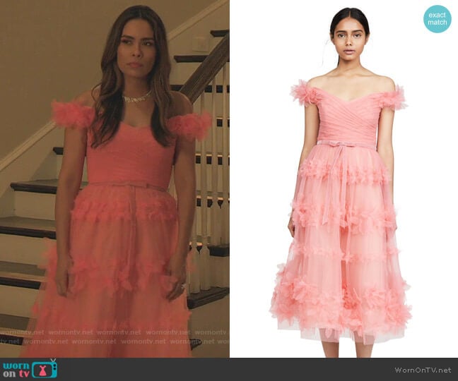 Off Shoulder Tea Length Gown by Marchesa Notte worn by Cristal Jennings (Daniella Alonso) on Dynasty