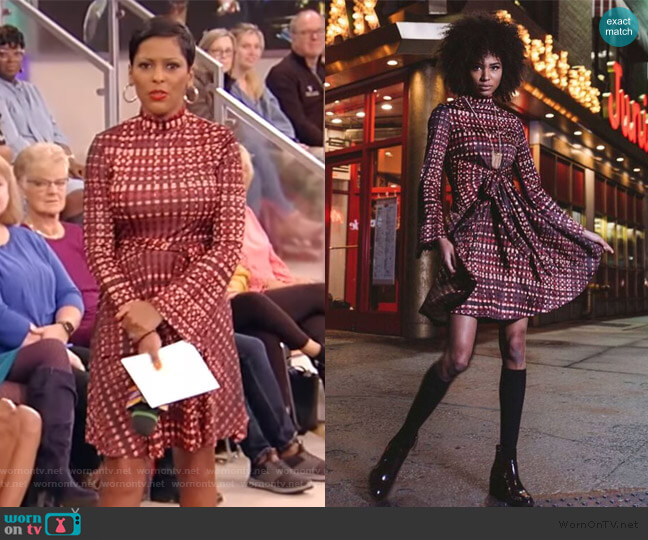 red tie waist mini dress by Marrisa Wilson worn by Tamron Hall on Tamron Hall Show