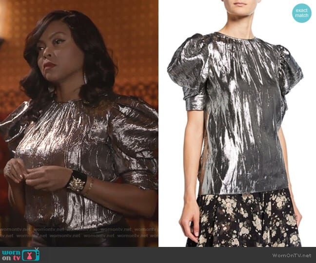 Draped Puff Sleeve Silk-Blend Blouse by Michael Kors worn by Cookie Lyon (Taraji P. Henson) on Empire