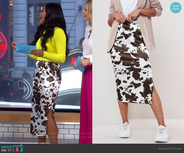 Cow Print Satin Slip Skirt by Missguided worn by Keke Palmer on Good Morning America