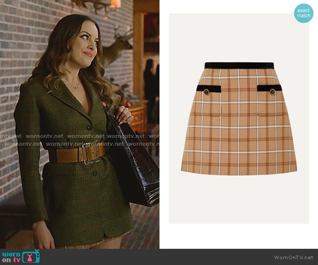 Velvet-Trimmed Checked Woven Mini Skirt by Miu Miu worn by Fallon Carrington (Elizabeth Gillies) on Dynasty