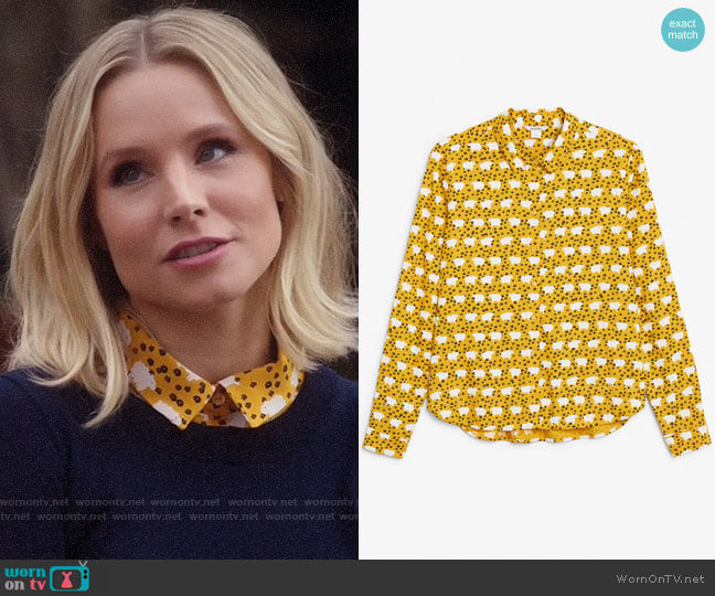 Monki Sheep and flower print blouse worn by Eleanor Shellstrop (Kristen Bell) on The Good Place