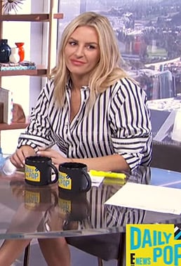 Morgan’s black and white striped shirt on E! News Nightly Pop