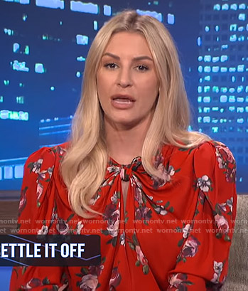 Morgan's red floral knotted mini dress on E! News Nightly Pop