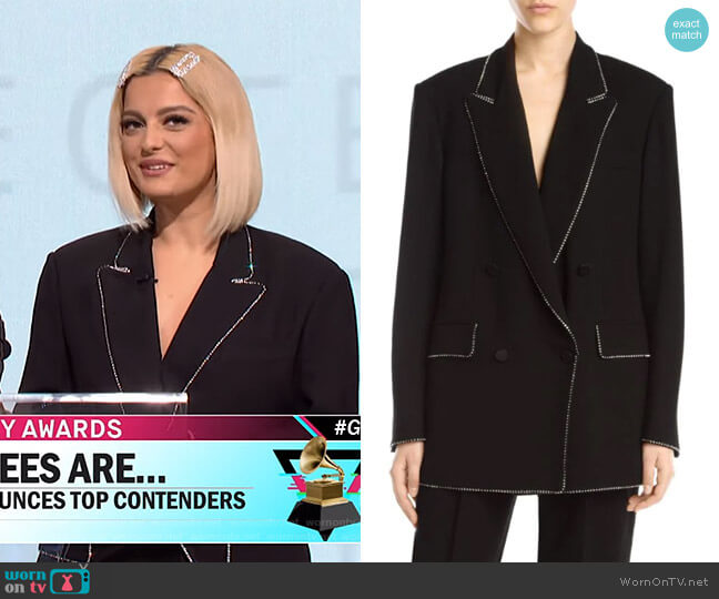 Rhinestone Trim Double Breasted Blazer by MSGM worn by Bebe Rexha on CBS This Morning