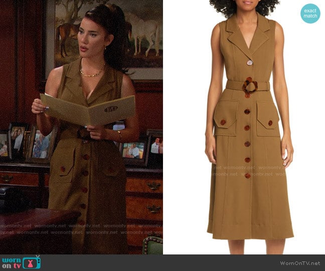 Nicholas Belted Button Up Silk Twill Midi Dress worn by Steffy Forrester (Jacqueline MacInnes Wood) on The Bold & the Beautiful