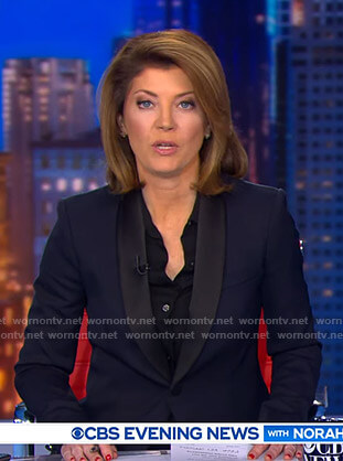 Nora’s navy contrast shawl collar blazer on CBS Evening News