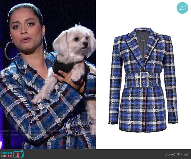 Pinko Houndstooth tweed blazer worn by Lilly Singh on A Little Late with Lilly Singh