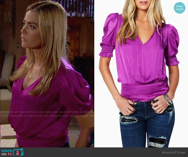 Ramy Brook Flora Satin Puff-Sleeve V-Neck Top worn by Shauna Fulton (Denise Richards) on The Bold & the Beautiful