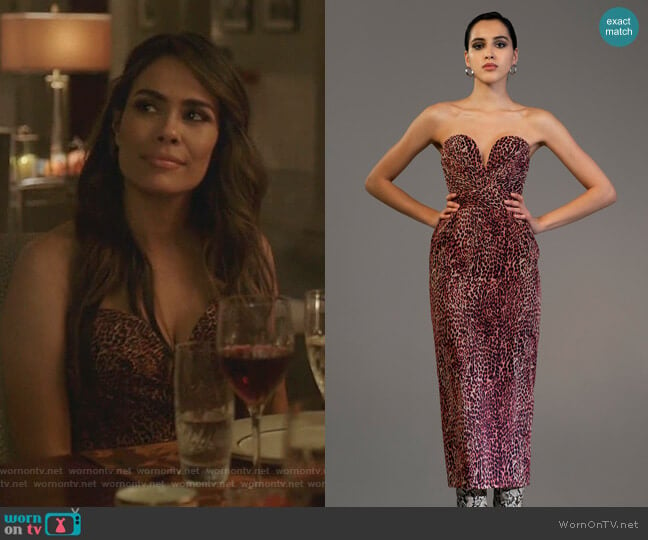 Leopard-Print Chiffon Midi Dress by Rasario worn by Cristal Jennings (Daniella Alonso) on Dynasty