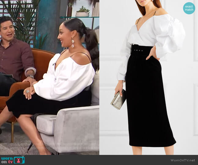 Off-the-Shoulder Belted Midi Dress by Rasario worn by Tamera Mowry on Access Hollywood