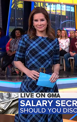 Rebecca Jarvis’s blue plaid midi dress on Good Morning America