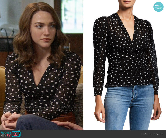 Rebecca Taylor Long-Sleeve Spotted V-Neck Top worn by Cara Bloom (Violett Beane) on God Friended Me