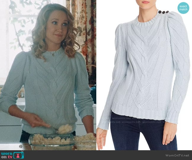 Ginny’s blue cable knit sweater on Perfect Harmony