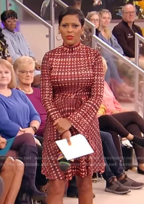 Tamron’s red tie waist mini dress on Tamron Hall Show