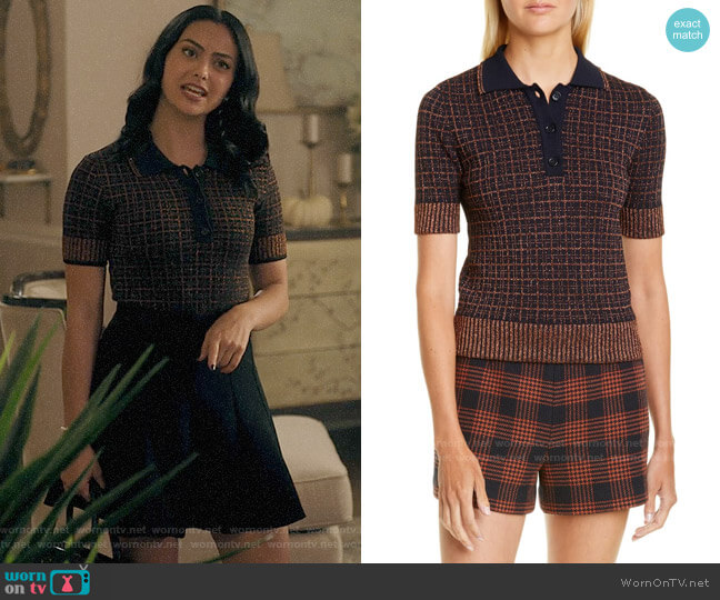 RED Valentino Metallic Check Polo Sweater worn by Veronica Lodge (Camila Mendes) on Riverdale