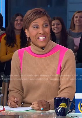 Robin’s beige and pink contrast turtleneck sweater on Good Morning America