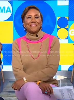 Robin’s beige and pink contrast turtleneck sweater on Good Morning America