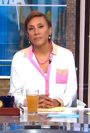 Robin’s white pink and beige contrast blouse on Good Morning America