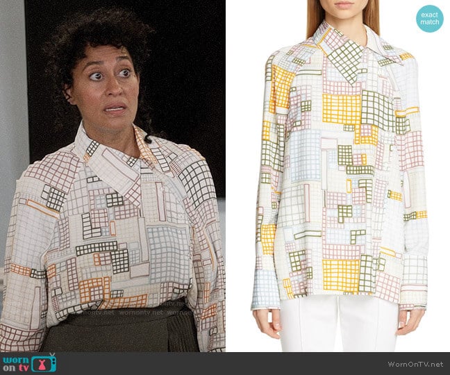 Rosetta Getty Grid Print Asymmetrical Blouse worn by Rainbow Johnson (Tracee Ellis Ross) on Black-ish